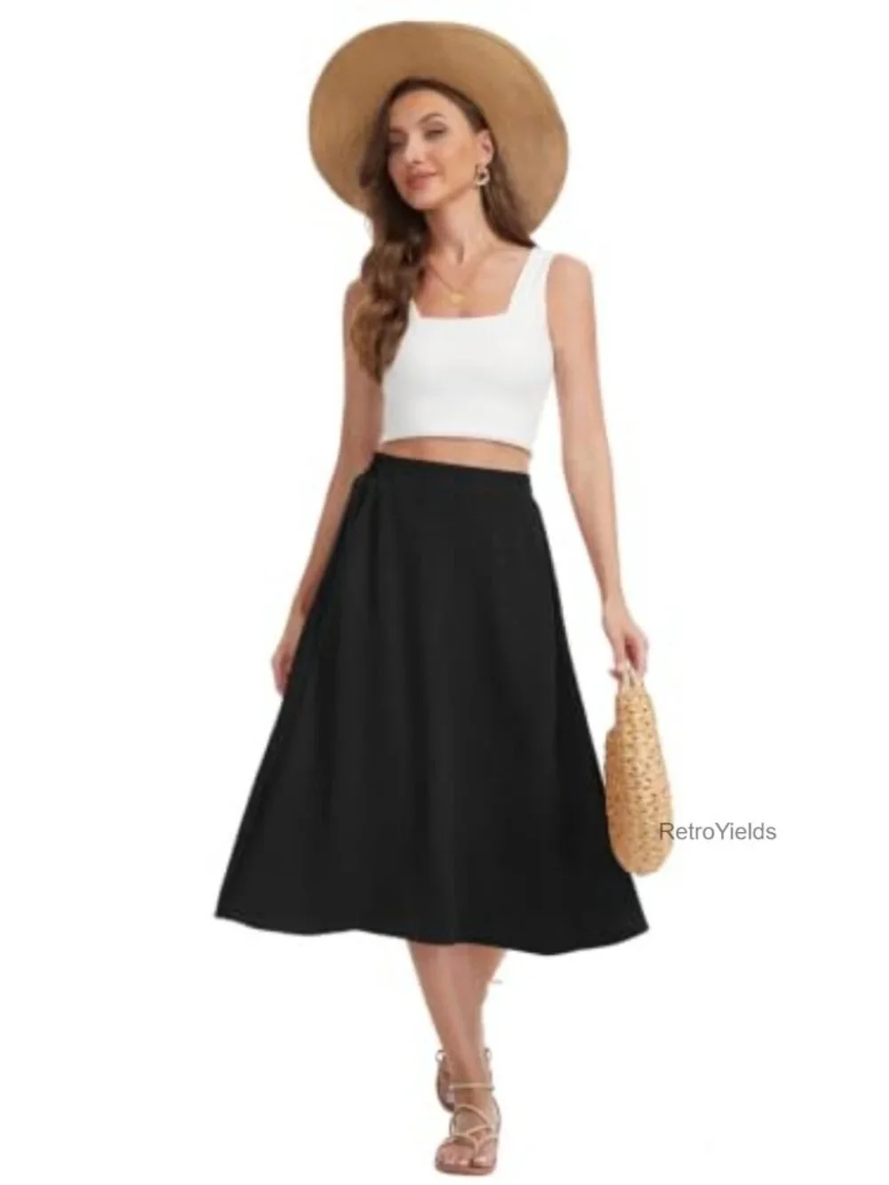 High Waist Pleated Midi A-Line Skirt with Pockets